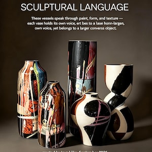 May include: Five ceramic vases with varied shapes and abstract painted designs in black, white, red, and pink. Text reads: COLLECTABLE SCULPTURAL LANGUAGE, SCULPTURAL LANGUAGE, These vessels speak through paint, form, and texture, created by Ieva Lüka, September 2026, Vases Series, Living Sculpture, Editioned Objects.