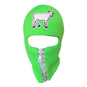 Slime Green reflective zip up Balaclava with white goat emblem, ski mask