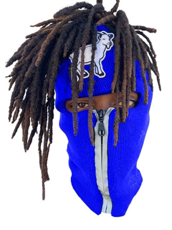 Dread Head Blue Reflective Zip up Balaclava With White Goat