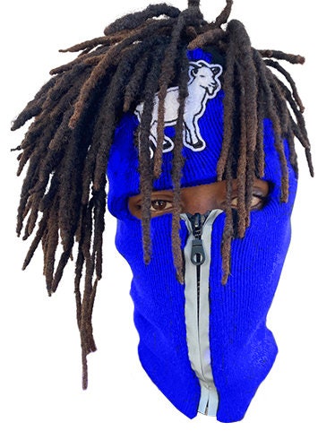 Dread Head Blue Reflective Zip up Balaclava With White Goat