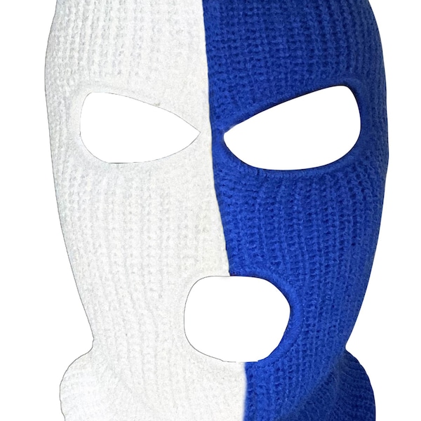 Ski Mask Blue and White  Two Tone 3 holes  Half Blue Half White