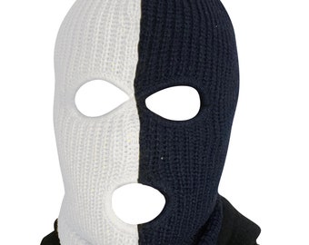 Ski Mask White and Black  Two Tone 3 holes  Half White Half Black