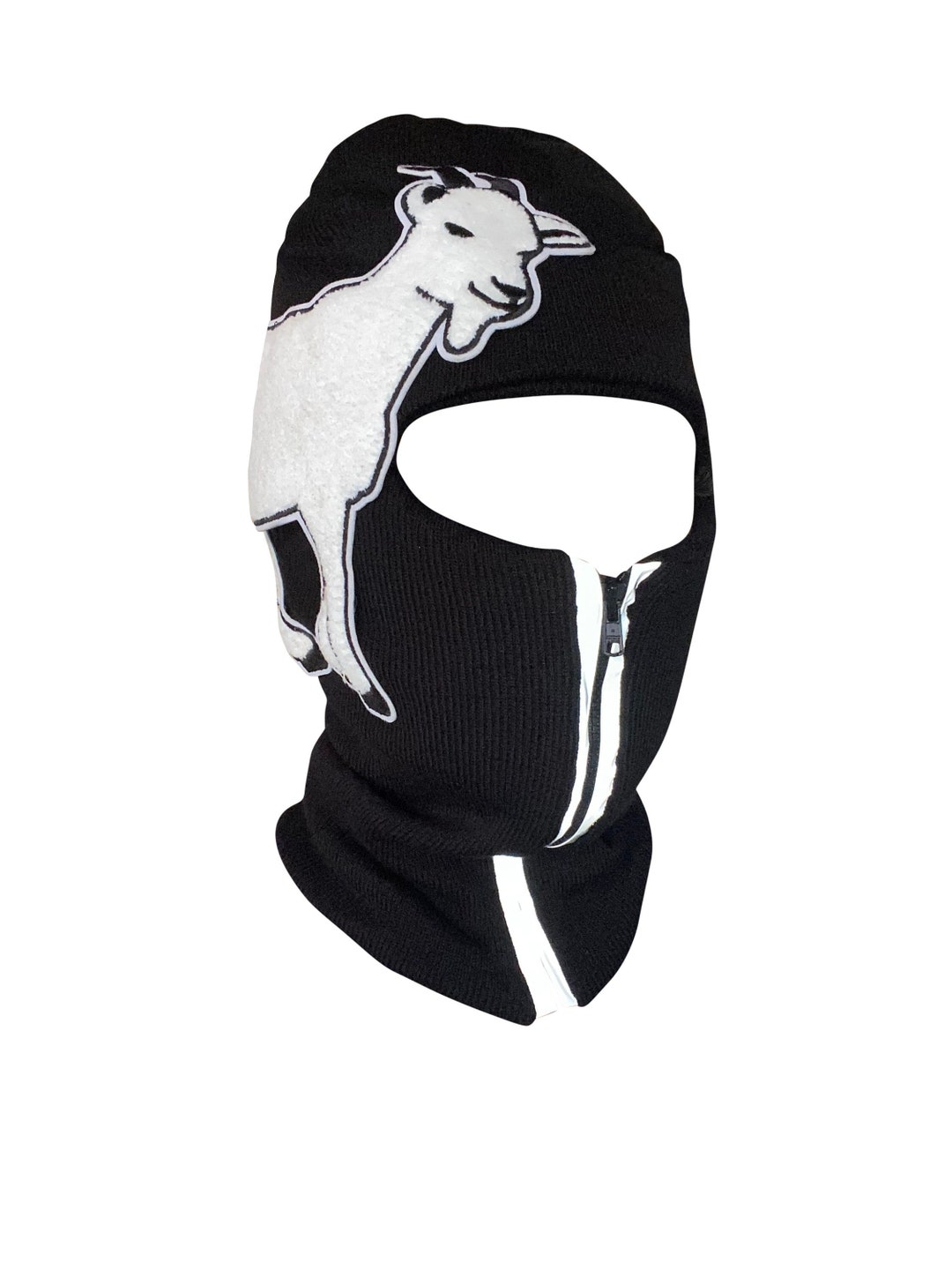 Black Reflective Zip up Balaclava With Large White Goat Emblem, Ski