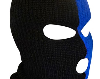 Ski Mask Blue and Black Two Tone 3 holes  Half Blue Half Black