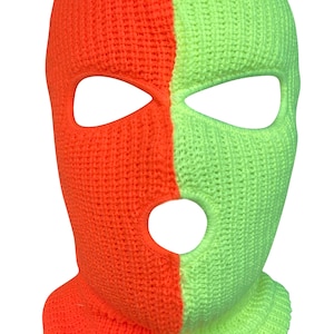 Ski Mask Half Neon Green Half Neon Orange colors 3 holes  Highlighter Two Tone