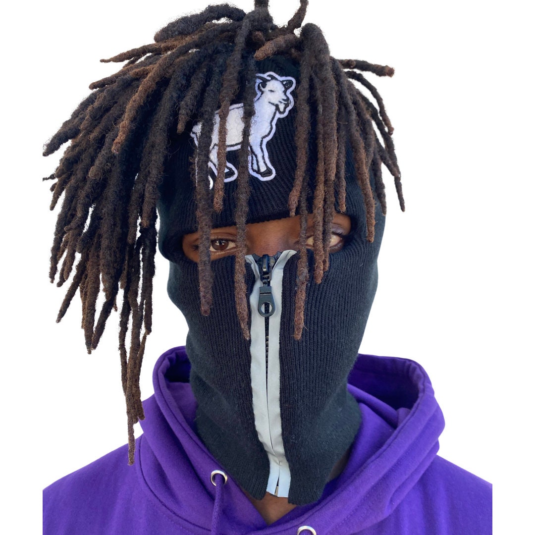 Dread head Black reflective zip up Balaclava with white goat emblem, ski mask