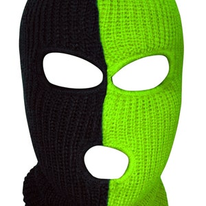 Ski Mask slime green and black Two Tone 3 holes Half black half lime green