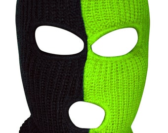 Ski Mask slime green and black Two Tone 3 holes Half black half lime green