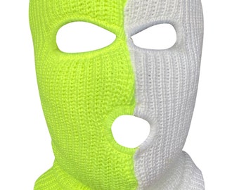 Ski Mask Half Neon Green Half White  colors 3 holes  Lemon Ice Two Tone