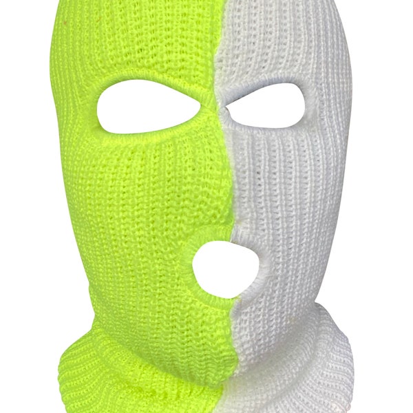 Ski Mask Half Neon Green Half White  colors 3 holes  Lemon Ice Two Tone