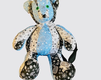Backpack N Pillow Teddy Bear Bandana Print Blue Black White  display picture 1