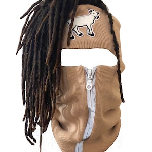 Dread head Beige reflective zip up Balaclava with white goat emblem, ski mask