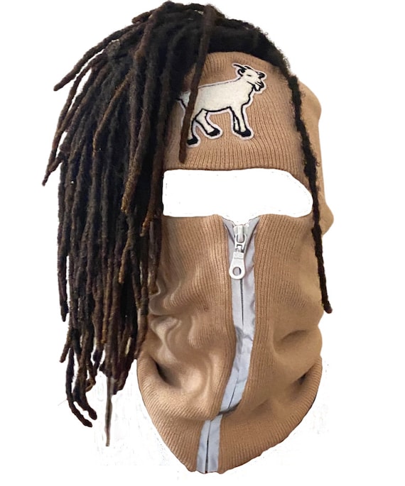 Dread Head Beige Reflective Zip up Balaclava With White Goat