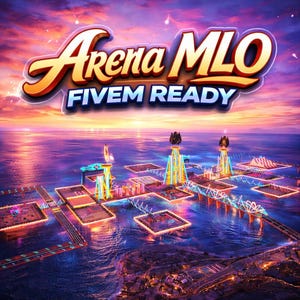 May include: A digital art image of a futuristic cityscape floating on water under a sunset sky. The words "Arena MLO" and "FiveM Ready" are displayed in a stylized font above the city.
