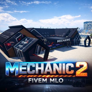 Può includere: Un edificio moderno con tetto nero e design geometrico, etichettato "MECHANIC 2" e "FIVE M MLO" in un font stilizzato. L'edificio ha pareti di vetro e un'auto rossa è visibile all'interno. Il cielo è blu con nuvole.
