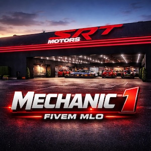 Puede incluir: Vista exterior de un concesionario de automóviles al anochecer. El letrero dice "SRT MOTORS" en letras rojas. Debajo, las palabras "MECHANIC 1" y "FIVE MLO" se muestran en una fuente estilizada. Varios coches están aparcados frente al edificio.