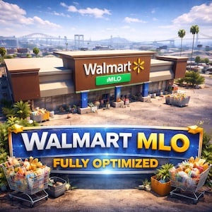 Puede incluir: Imagen digital de una tienda Walmart con el texto "Walmart MLO Fully Optimized" en una pancarta. Carritos de compras llenos de comestibles están frente a la tienda. El cielo es azul con nubes.