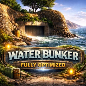 Könnte beinhalten: Eine Szene im Freien mit einem Bunkereingang, der in eine Klippe gehauen wurde, mit dem Text "WATER BUNKER" und "FULLY OPTIMIZED" auf einem Schild. Die Szene umfasst Wasser, eine Laterne und ein Fass.