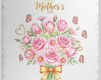 Happy Mother's Day Floral Bouquet Custom Shaped Pillow | Pink Roses, Tulips & Butterflies