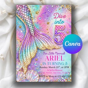 Editable Mermaid 5th Birthday Invitation, Dive into Five Under the Sea Party, Pink Purple Blue Glitter Tail, Instant Download