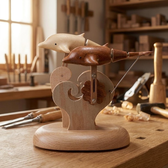A hand-carved wooden dolphin that rides a mechanical wave — pure automaton magic where turning a crank makes the ocean come alive on your desk.