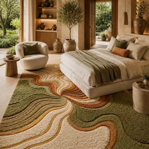 May include: A rectangular area rug featuring a textured, high-pile surface with a swirling, wave-like pattern in shades of olive green, burnt orange, cream, and mustard yellow. The design creates a sense of movement across the floor covering.