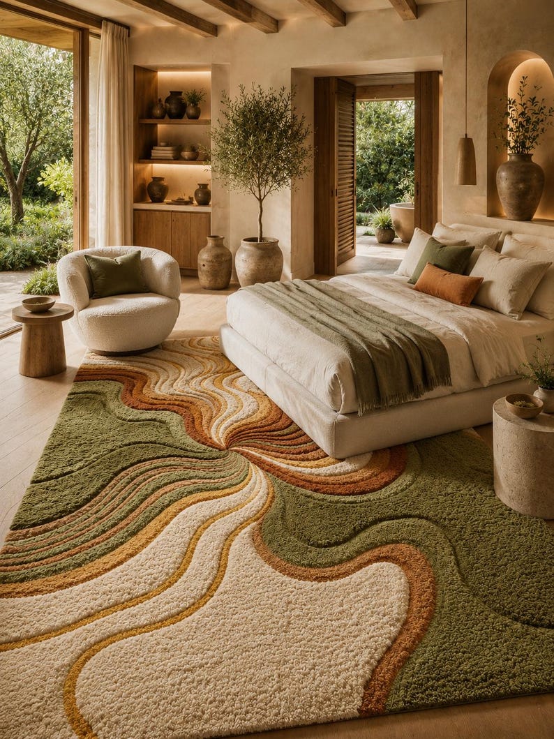 May include: A rectangular area rug featuring a textured, high-pile surface with a swirling, wave-like pattern in shades of olive green, burnt orange, cream, and mustard yellow. The design creates a sense of movement across the floor covering.