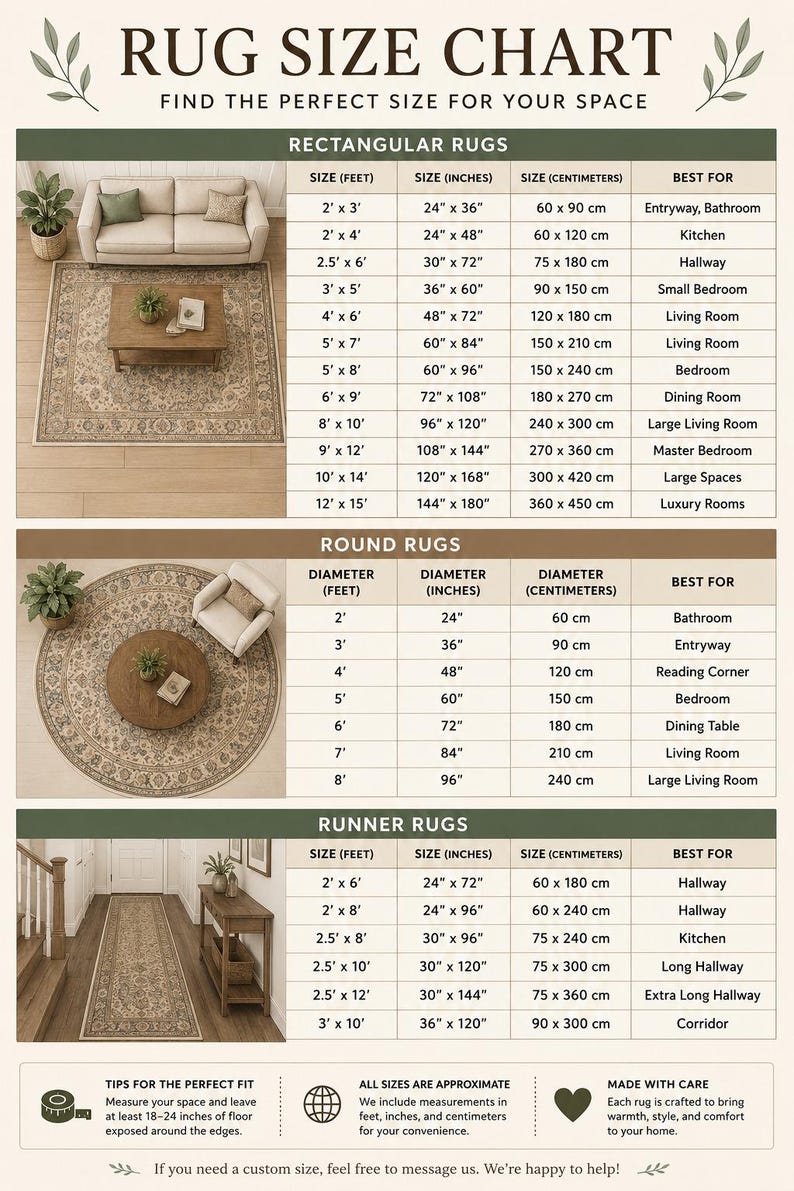 May include: A rug size chart infographic featuring three sections for rectangular, round, and runner rugs. It displays dimensions in feet, inches, and centimetres, alongside room recommendations. The chart includes illustrations of rugs in furnished rooms.