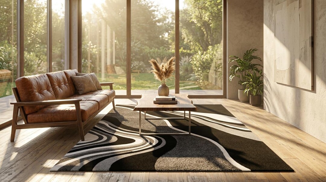 Hand Tufted Rug Black Abstract Area Rug 3D Carved Wool Carpet Modern ...