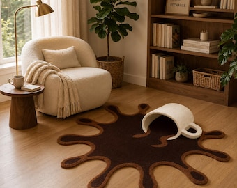 Hand Tufted Coffee Rug, Spilled Coffee Rug, Brown Novelty Carpet, Funny Kitchen Decor, Coffee Lover Gift,Unique Living Room Rug, Custom Size