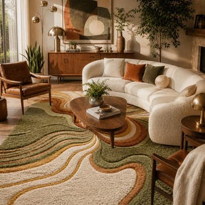 May include: A large area rug featuring a textured, high-pile surface with a wavy, abstract pattern in shades of olive green, cream, mustard yellow, and burnt orange. The rug covers a wooden floor and displays a multi-layered, organic design.