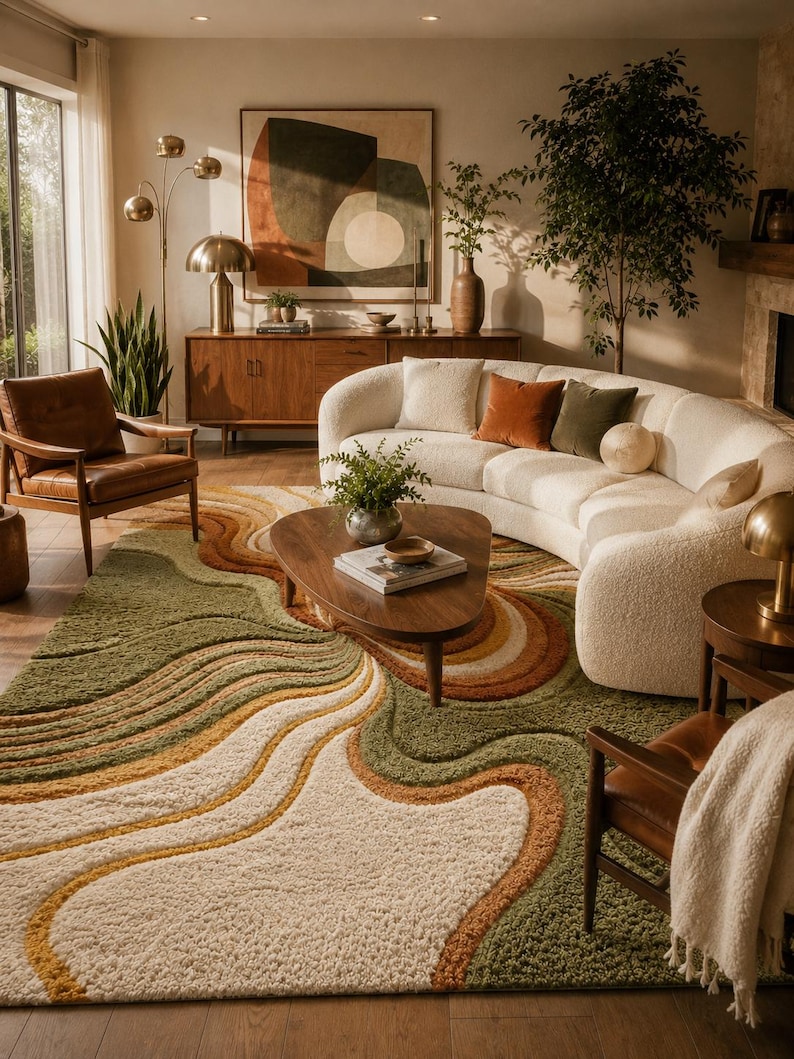 May include: A large area rug featuring a textured, high-pile surface with a wavy, abstract pattern in shades of olive green, cream, mustard yellow, and burnt orange. The rug covers a wooden floor and displays a multi-layered, organic design.