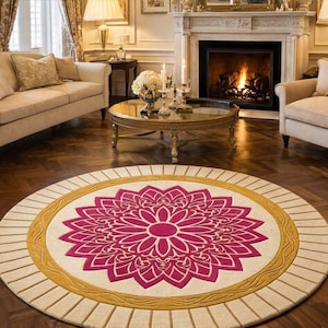 Handgetufteter runder Blumenwollteppich-Rosa- und Gold-Mandala-Teppich Luxus-Rundblumenteppich Moderner 3D-geschnitzter Teppich für Wohnzimmer Schlafzimmer
