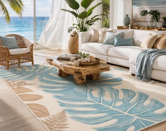 Hand Tufted Tropical Rug | Blue Monstera Leaf Coastal Area Rug, Botanical Beach Decor for Living Room, Bedroom, Sunroom Custom Size Rug