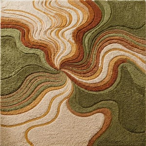 May include: A square rug featuring a textured, tufted surface with a swirling, abstract pattern. The design consists of undulating, concentric lines in shades of olive green, burnt orange, mustard yellow, and cream, creating a dynamic, flowing effect.