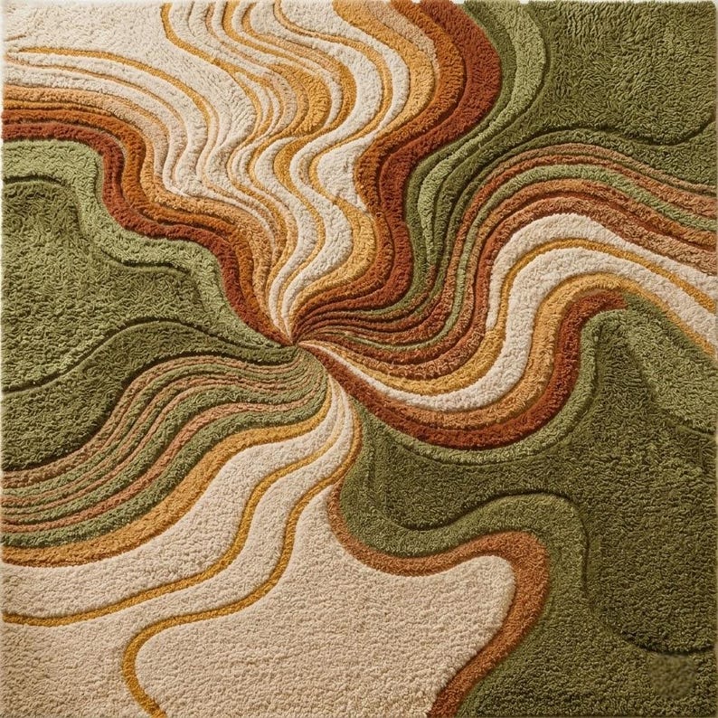 May include: A square rug featuring a textured, tufted surface with a swirling, abstract pattern. The design consists of undulating, concentric lines in shades of olive green, burnt orange, mustard yellow, and cream, creating a dynamic, flowing effect.