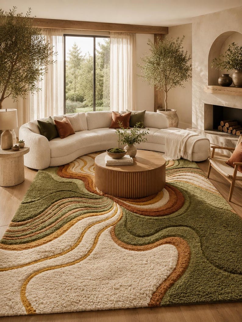 May include: A rectangular area rug featuring a high-pile, tufted texture with an abstract, wavy pattern. The design incorporates organic, flowing bands of cream, olive green, mustard yellow, and burnt orange, creating a layered, dimensional look.