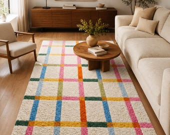 Hand Tufted Ivory Multicolor Check Shag Carpet, Pink Blue Yellow Green Plaid Wool Decor, Custom Size Rug, Living Room Bedroom Accent