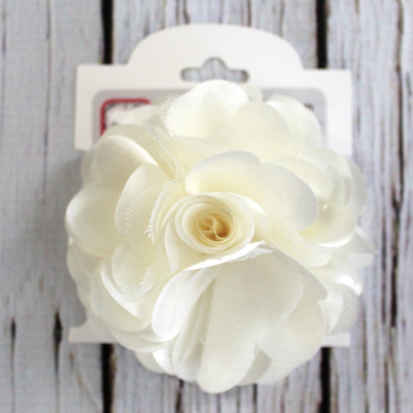 READY TO SHIP Ivory Cream Off White Satin Flower Bow, Clip, Satin and Mesh Fabric Flower, Girls Hair Clip, Baby Hair Clip, Baby Headband