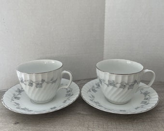 Mikasa Encino Fine China SET OF 2 Coffee Tea Cups Saucers Silver Leaf Leaves