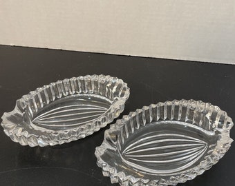 Vintage Pair Of Crystal Cut Clear Glass Oval Ashtrays Heavy 6