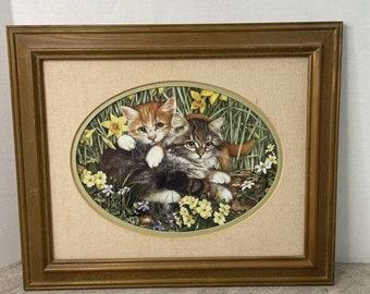 1986 Franklin Mint Porcelain Art Kittens in the Garden by Jan Huston COA Framed