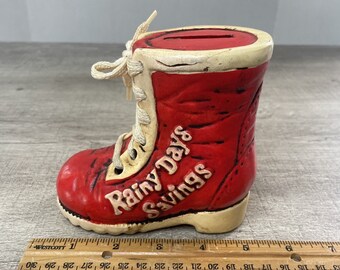 Vintage Rainy Days Savings Bank Red Lace Up Boot Shoe Coin Bank Antique