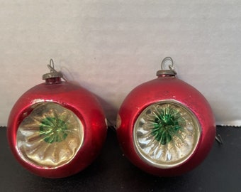 Pair Of Vintage Blown Glass Indent Christmas Ornaments Red Green Silver