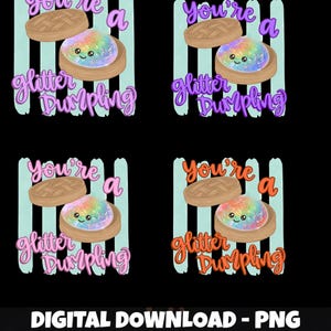 Könnte beinhalten: Vier digitale Illustrationen auf schwarzem Hintergrund. Jede zeigt eine lächelnde, regenbogenfarbene Teigtasche in einem Bambusdämpfer mit dem Text "You're a Glitter Dumpling". Die Worte "DIGITAL DOWNLOAD - PNG" stehen unten im Bild.