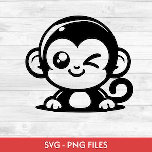 May include: A black and white cartoon monkey winking, with large eyes and a smiling mouth. The monkey is sitting, with its arms and legs visible. The image includes the text "SVG - PNG FILES" in a red banner at the bottom.