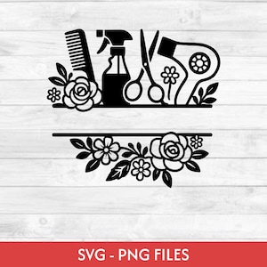 Può includere: Design SVG in bianco e nero con strumenti per parrucchieri: pettine, flacone spray, forbici e asciugacapelli. Accenti floreali e il testo "SVG - PNG FILES" sono inclusi. Adatto a vari progetti creativi.