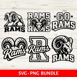 Op de afbeelding: Een digitaal grafisch pakket met zes zwart-witillustraties van rammen en de tekst Rams en Go Rams. De ontwerpen bevatten verschillende ramshoofdprofielen, volledige ramfiguren en een grote letter R met het woord Rams eroverheen geschreven.