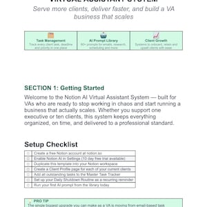 May include: A digital document titled "NOTION AI VIRTUAL ASSISTANT SYSTEM" with a complete workflow template. The document includes sections on task management, AI prompt library, and client growth, designed to help virtual assistants scale their business.