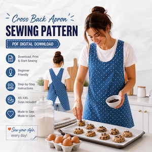 May include: A blue cross-back apron sewing pattern with white polka dots. The image shows a woman wearing the apron while baking cookies. The text on the image says "Cross Back Apron Sewing Pattern" and "PDF Digital Download."